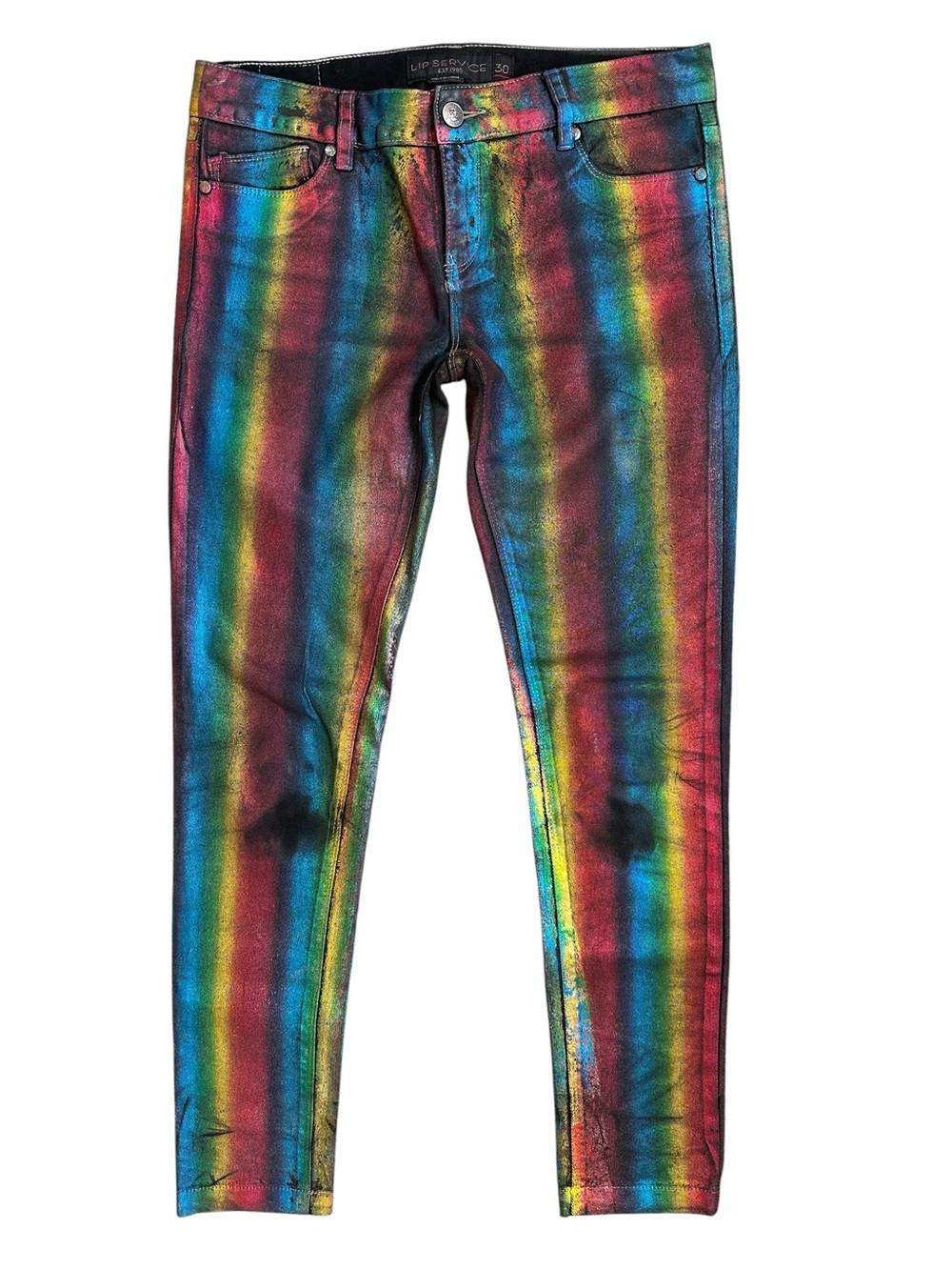 Vintage Lip Service Rainbow Pride Metallic Waxed Low Rise Skinny Jeans Size 30 - Picture 2 of 10